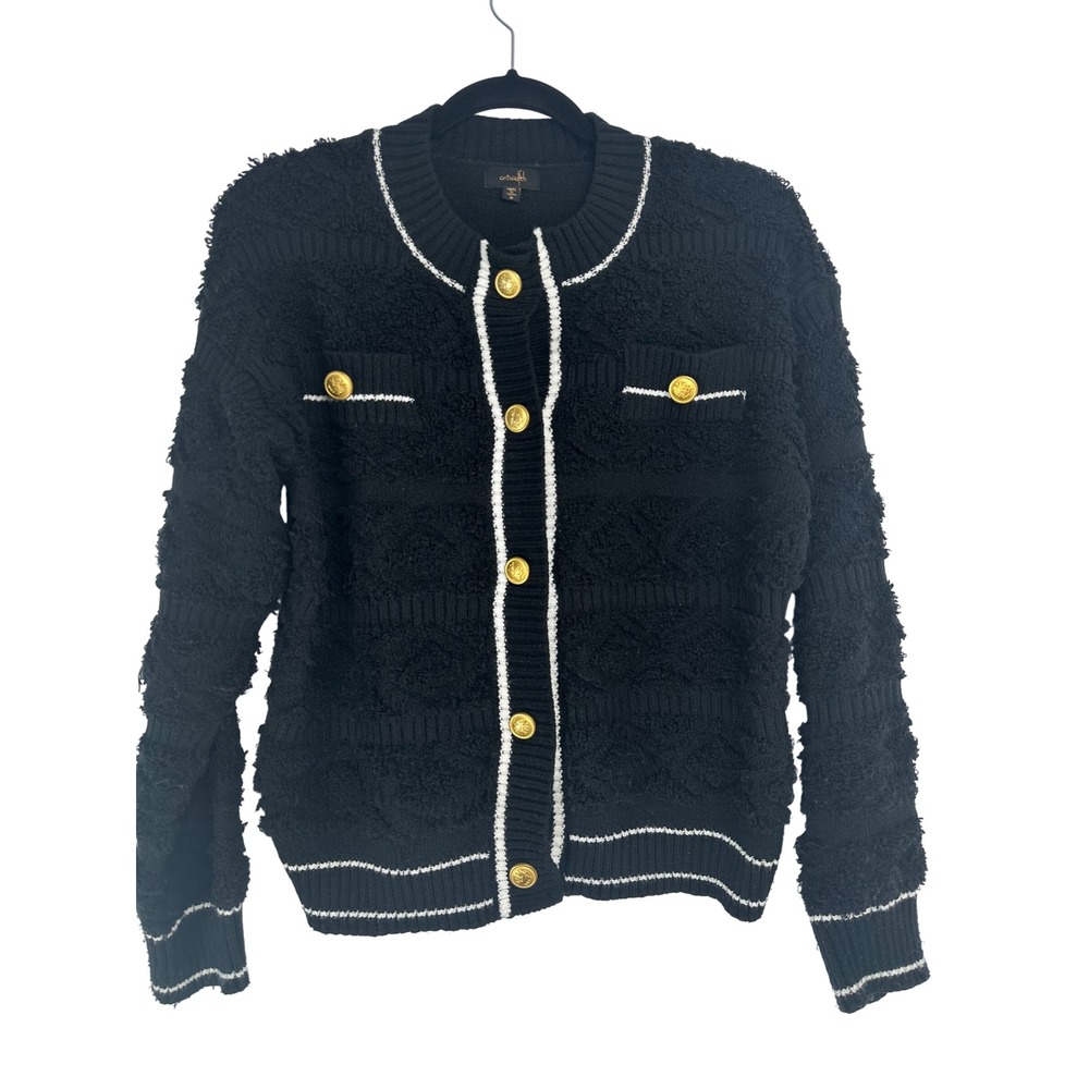On Twelfth Women Black Cardigan Gold Crest Buttons M Old Money Preppy Heritage